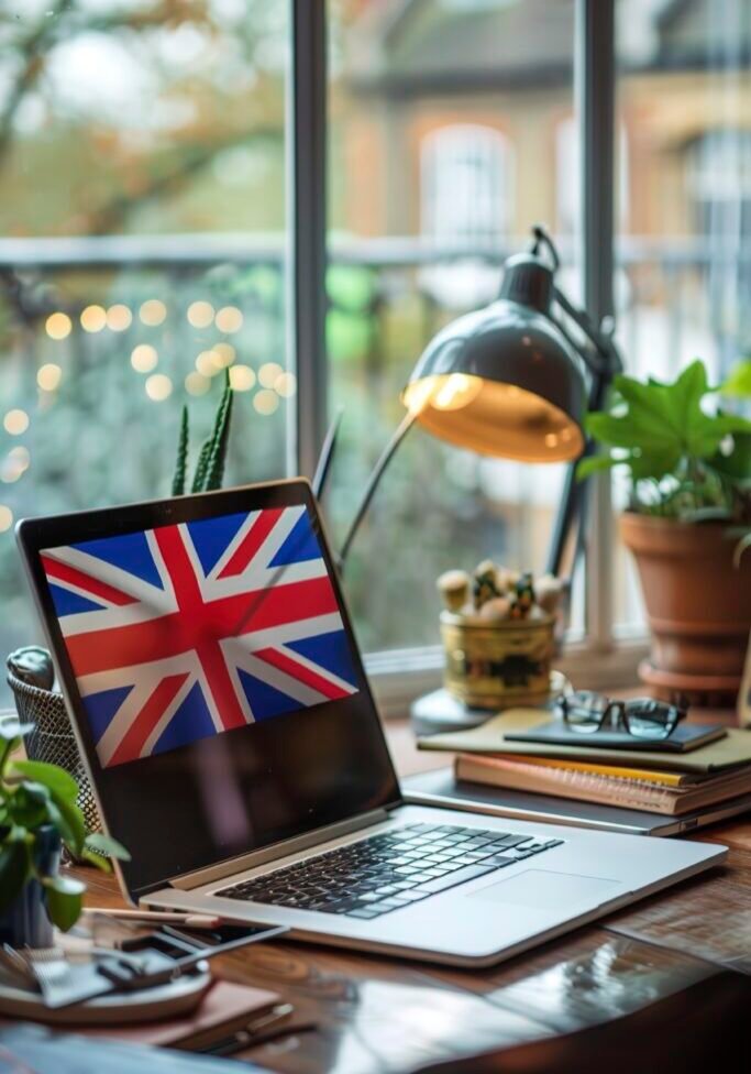 A Laptop and flag of Up on desk. Laptop and flag of Up on desk